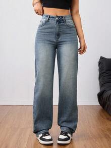 SHEIN Tall 女式高腰男友牛仔裤，褪色浅蓝色水洗 Y2K 风格牛仔裤 - 深色水洗藍 - 查看 3