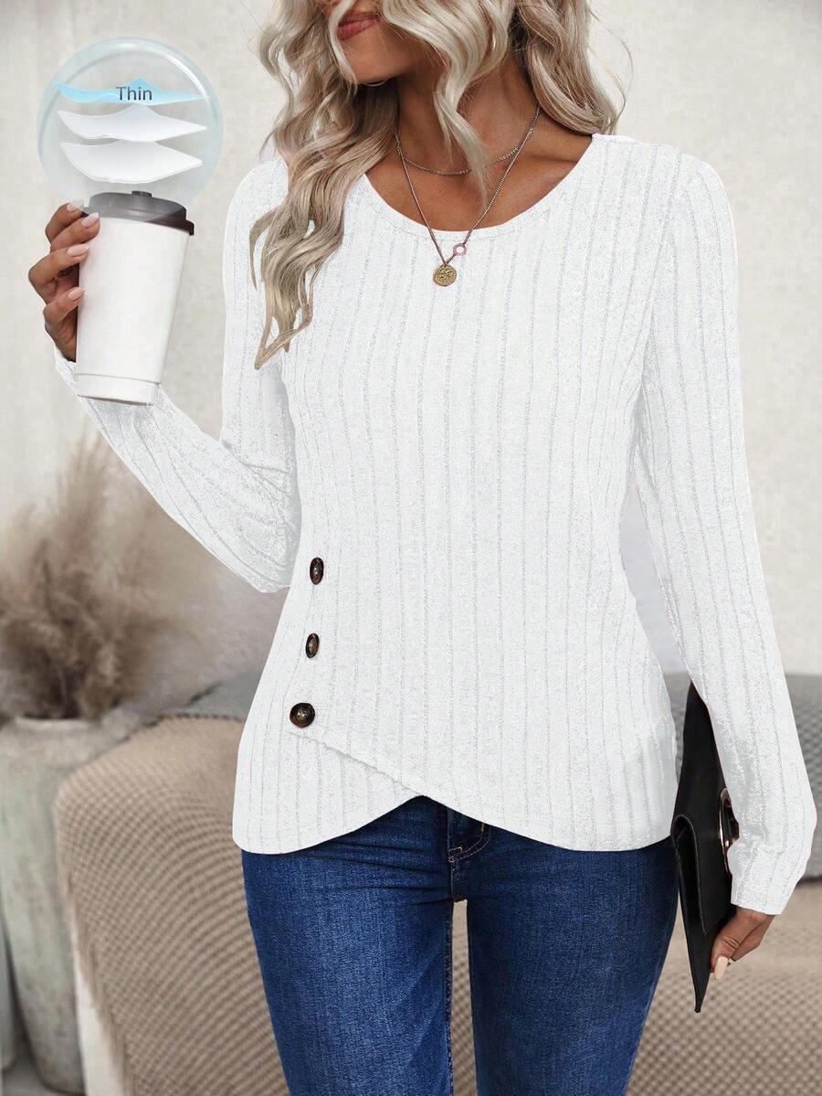 EMERY ROSE Camiseta De Manga Larga Acanalada Y Asimétrica Con Abertura Para Mujeres - Blanco - Ver 1