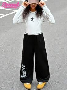 SHEIN Explorewe 2 pezzi/set Completo casual da ragazza pre-adolescente, top corto con stampa grafica a blocchi di colore e pantaloni sportivi stampati, adatto per uso quotidiano, pendolarismo, tempo libero, vacanza, fotografia di strada con sorelle, autunno/inverno - Bianco e nero - Visualizzare 8