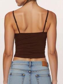INAWLY Women's Summer Solid Color Ruched Slim Fit Cami Top - Coffee Brown - View 2