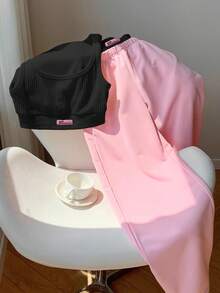 Comfortcana 2 pezzi/Set Top a canotta da donna con stampa a lettere e pantaloni a blocchi di colore a contrasto, crema giallo, completo per vacanze estive - nero - Visualizzare 5