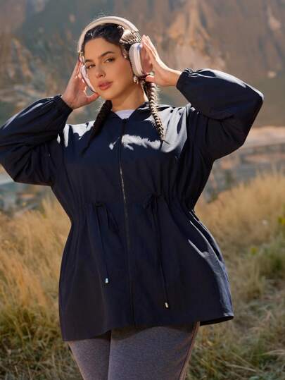 SHEIN VCAY Plus Size Women Casual Outdoor Camping Jacket With Pockets & Hood, Sportswear Winter Fall Autumn