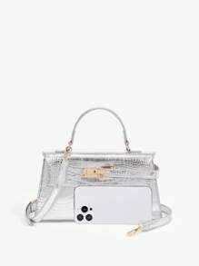 SHEIN BAE 时尚高端金属鳄鱼压纹迷你手提包 - 銀色 - 查看 2