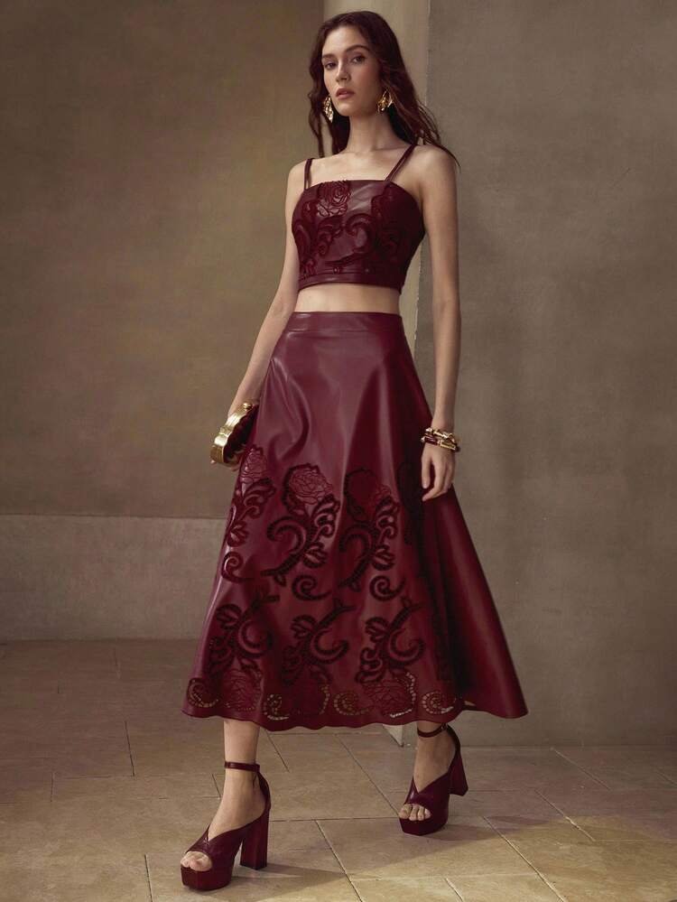 MOTF PREMIUM EMBROIDERY PU LEATHER A-LINE SKIRT - Burgundy - View 7