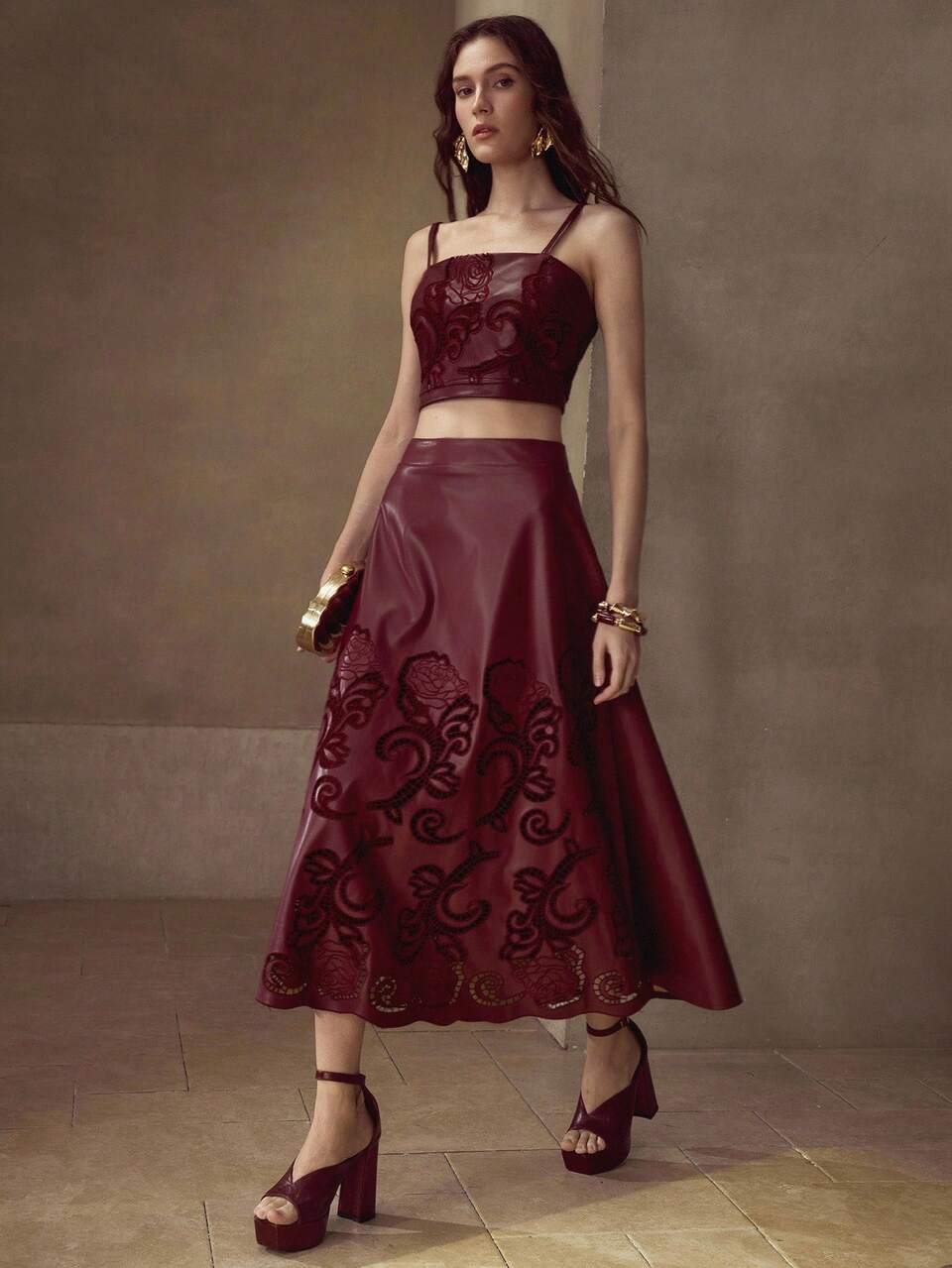 EMBROIDERY PU LEATHER A-LINE SKIRT