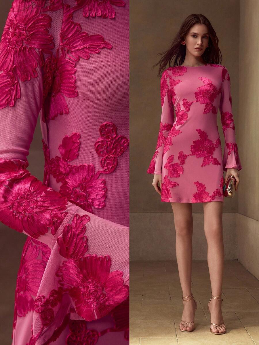 MOTF PREMIUM FLORAL PATTERN FLARE SLEEVE DRESS - Hot Pink - View 1
