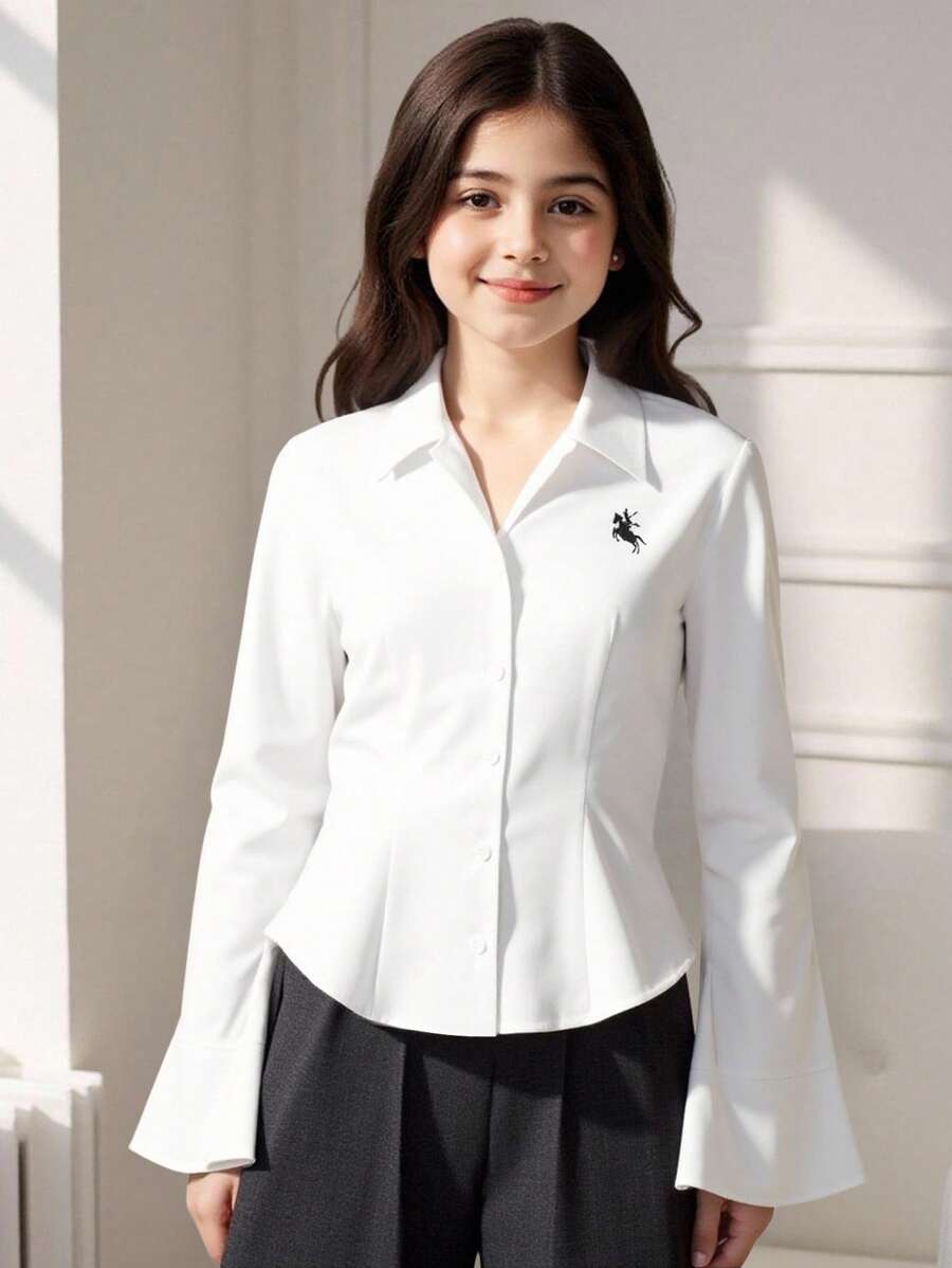 SHEIN 青少年女孩休閒印花鈕扣領長袖修身襯衫,春秋款 - 白色 - 查看 1