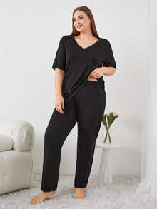 RueChic Cotton Scalloped Lace Hem Sleepwear Set - Black - View 3