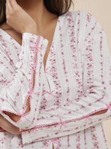 WESTFADE Striped Floral Print Pointelle V Neck Bow Front Long Sleeve Lounge Top Summer Boho Cowgirl Beach Vacation - Multicolor - View 7