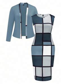 Plus Size Casual Colorblock Print Top & Dress Set Fall Cloth For Women - Multicolor - View 1