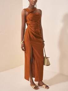 Zivah 2025 夏秋新款优雅纯色锈棕色不对称肩带褶裥开衩女式长裙，度假，日常，外出，通勤，派对，旅行，约会，毕业装，婚礼宾客装，节日-A - 鏽棕色 - 查看 6