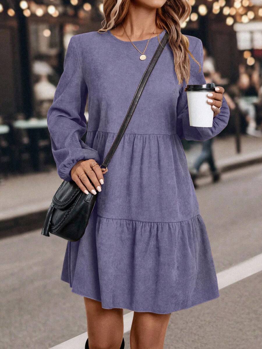 SHEIN LUNE Elegant Vintage Solid Color Ruffle Hem Long Sleeve Dress Fall Cloth For Women - Purple - View 1