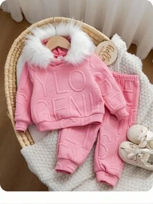 2pcs Baby Girl Cute Pink Long Sleeve Hooded Sweatshirt With Furry Collar And Elastic Waist Pants Set, Comfortable, Versatile, Fashionable Casual Basic Outfit, Suitable For Indoor, Outdoor Leisure, Skiing, Back To School, Daily Wear, Sports, Play, Party In Autumn/Winter Season - Pink - View 3