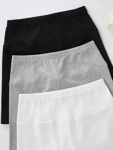 SHEIN 3件組青少年女孩純色黑色、白色、淺灰色短款緊身褲 開學季時尚短款緊身褲 - 黑與白 - 查看 7