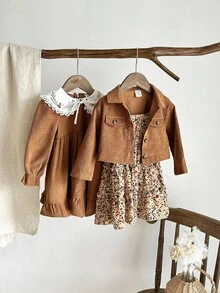 LMoss Kids Conjunto de 2 piezas de ropa de niña bebé con camisa corta casual de unicolor tejida y vestido camisero con estampado floral ditsy para otoño e invierno - Multicolor - Ver 3