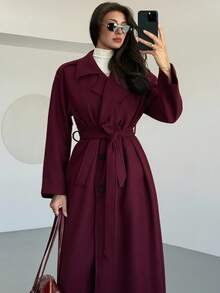 Aloruh 双排扣系腰长款大衣，纯色，适合秋冬季节穿着。 - 中紫紅色 - 查看 9