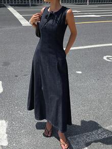 DAZY Women's Sleeveless Round Neck Waist Cinched Denim Dress, Summer - Blue - View 1