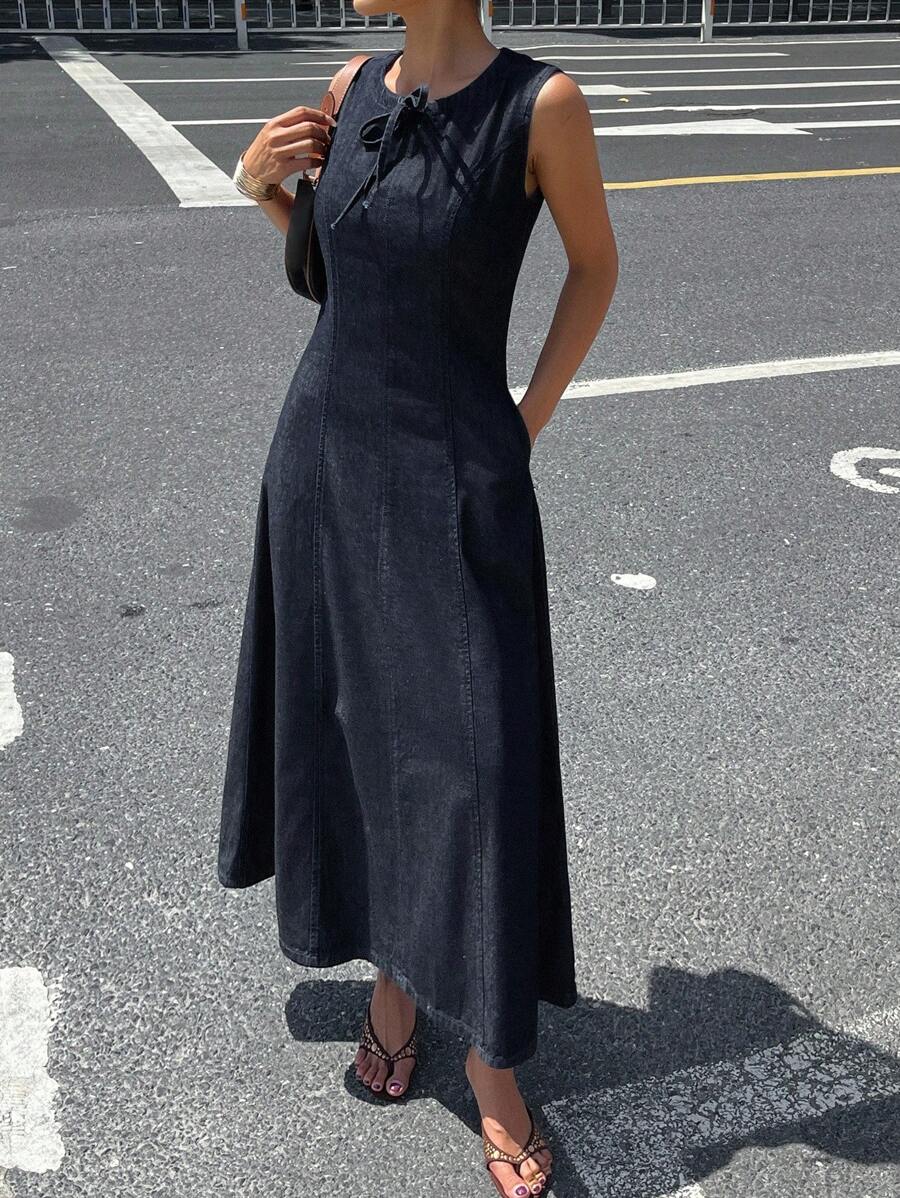 DAZY Women's Sleeveless Round Neck Waist Cinched Denim Dress, Summer - Blue - View 1