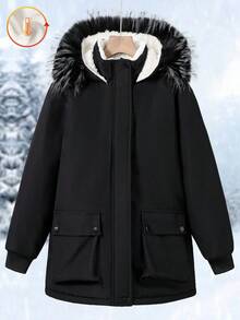Tween Girl Long Hooded Padded Coat With Fur Collar And Large Pockets, Suitable For Casual Daily Wear, Commuting And School Fall Winter - Black - View 4