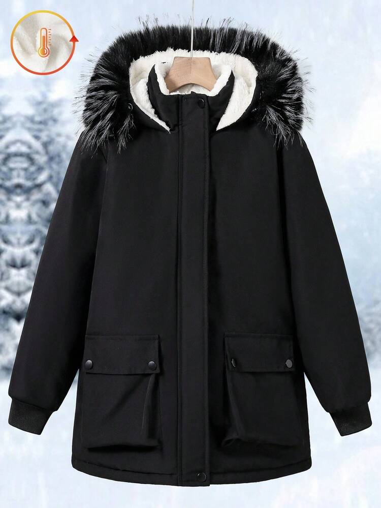 Tween Girl Long Hooded Padded Coat With Fur Collar And Large Pockets, Suitable For Casual Daily Wear, Commuting And School Fall Winter - Black - View 4