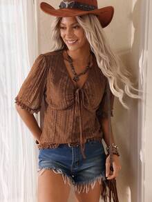 LanaWest 女士针织提花蕾丝纹理短袖T恤 - 咖啡棕 - 查看 5