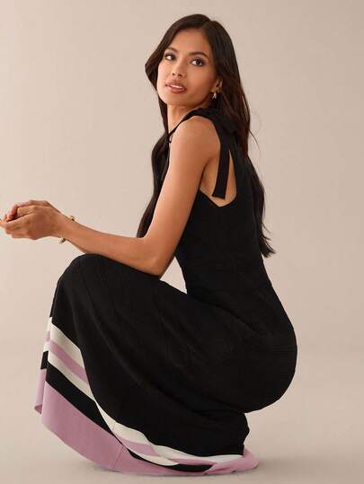 Lilora V-Neck Tie-Up Sleeveless Contrast Striped Knit Dress Sleeveless Dress Midi Dress Officeelegance,ملابس شتوية للنساء