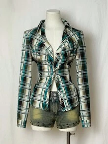 EgrlEra 时尚通勤长袖格子拼布衬衫 - 彩色 - 查看 5