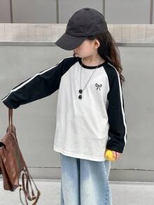 DAZY 少女圆领插肩袖韩版蝴蝶结T恤秋冬 - 黑與白 - 查看 3