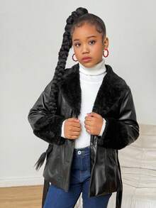 SHEIN Tween Girl Solid Color Long Sleeve Casual Oversized Collar PU Patchwork Fleece Drawstring Waist Jacket Coat (2 Piece Set Sold Separately), Autumn/Winter Outerwear, PU Jacket Coat Mommy And Me Matching Outfits - Black - View 5