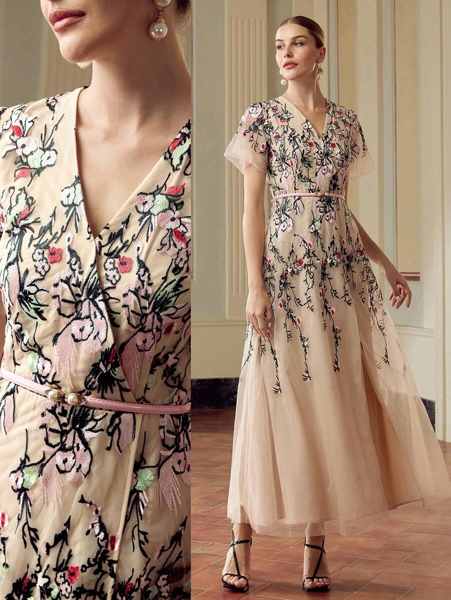 ZEYLAH Women's Elegant Floral Embroidered Dress - Apricot - View 1