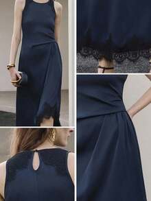 Uhlyne Uhlyne Women's Autumn New Minimalist Dignified Elegant Party Wedding Birthday Dress, Lace Patchwork Round Neck Sleeveless Flared Asymmetric Dress, Navy Blue - Navy Blue - View 2