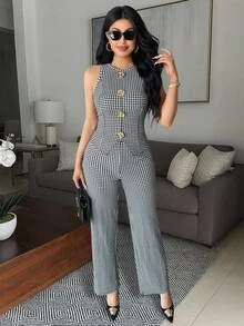 Vavine Fashionable Autumn Set: Metallic Single-Breasted Vest And Trousers, Casual Slim And Sexy Business Suit, Business Casual Womenswear, Old-School Style, Women's Capri Suit, Office Women's Attire, Women's Two-Piece Suit, Brunch Two-Piece, Two-Piece Set, Women's Casual Suit, Minimalist Office Commuting. - Multicolor - View 4