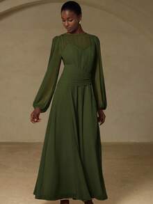 Aveloria Rosie Neues elegantes französisches Stil würdevolle Qualität Vintage Luxus hochwertige einfarbige Chiffon Rundhals Plissee asymmetrisches Raffung Taille Design ausgestelltes Damen Maxikleid mit Langarm - Dunkelgrün - Übersicht 4