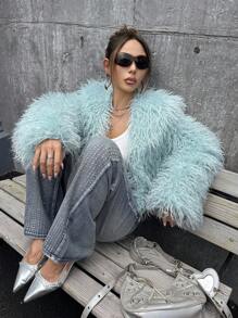 SHEIN ICON Women's Light Green Elegant Party Dress Versatile Faux Fur Coat In Fall/Winter - Mint Green - View 6