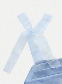 SHEIN Girlism 少女网眼细肩带蝴蝶结褶饰连衣裙，优雅适合春、夏、秋、冬、返校、派对、约会 - 藍色 - 查看 4