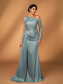 Serin Elegantes, luxuriöses, besticktes Spitzen-Pailletten-Patchwork-Kleid aus elastischem Satin-Chiffon mit Langarm und Schlitz an der Seite, geeignet für Hochzeit, Party, Urlaub, Abschlussball, Abendrobe, Brautmutter