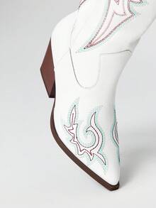 ROMWE Fairycore Women's Elegant Pointed Toe Chunky Heel Embroidery Western Cowboy Boots, Leather Upper, Slip-On, Knee-High, Outdoor Fashion, Autumn/Winter - White - View 3