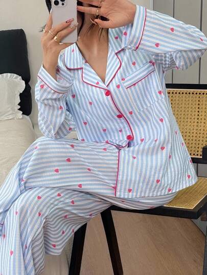 Casual Multicolor Women's Pajama Set, Blue Button Up Long Sleeve Top And Pocket Detail Heart Print Striped Pants Pajama Set, Fall Winter Clothes Cozy And Elegant Details