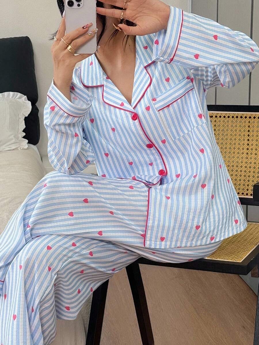 Casual Multicolor Women's Pajama Set, Blue Button Up Long Sleeve Top And Pocket Detail Heart Print Striped Pants Pajama Set, Fall Winter Clothes Cozy And Elegant Details - Multicolor - View 1