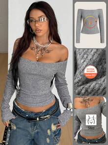 Coolane Maglietta a maniche lunghe a righe grigie e nere, senza spalle, per uso quotidiano e uscite, stile grunge, per donna