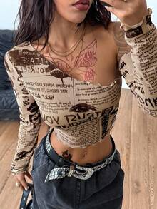 Coolane 女士秋季/四季皆宜的西部风情节日服装，报纸图案弹力不对称领口长袖露脐上衣，西部风情露脐上衣，透视款 - 杏色 - 查看 5