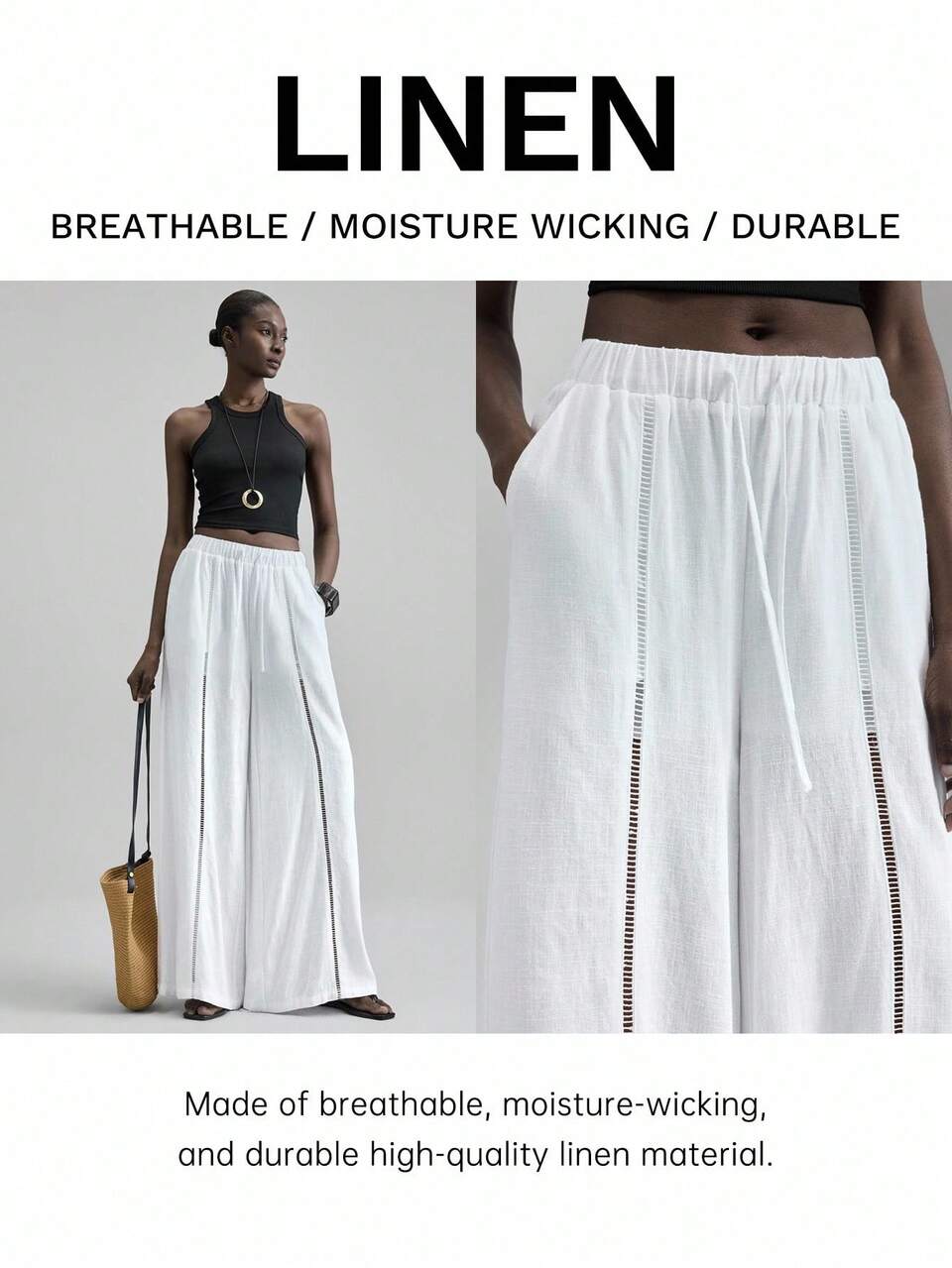 Women's White Linen Fabric Casual Pants,Classy Autumn Vacation Attire,Business Elastic Waist Drawstring Trousers,Back To School Teacher Uniform