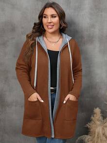 SHEIN LUNE 冬季女装两用口袋抽绳连帽大衣 - 棕色 - 查看 6