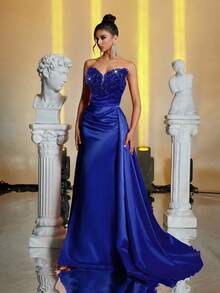 Glamrae Đầm dạ hội màu hồng cánh sen sang trọng, thanh lịch, không dây vai, thiết kế cổ áo tinh tế, dáng đuôi cá bằng satin với bèo nhún có thể tháo rời, phù hợp cho đám cưới, tiệc tùng, kỳ nghỉ, dạ hội, sự kiện trang trọng (đính kèm nhiều chi tiết), thích hợp cho ngày Valentine. - Xanh đậm - Xem 6