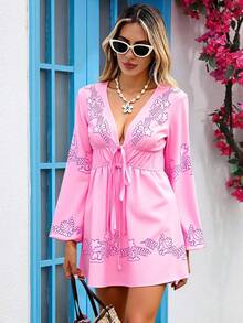 Vivid Eden 休闲时尚长袖系腰女式迷你连衣裙 - 粉色 - 查看 11