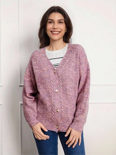 SHEIN LUNE Women Casual Drop Shoulder Loose Cardigan, Valentine's Day Pink Sweater Spring Clothes