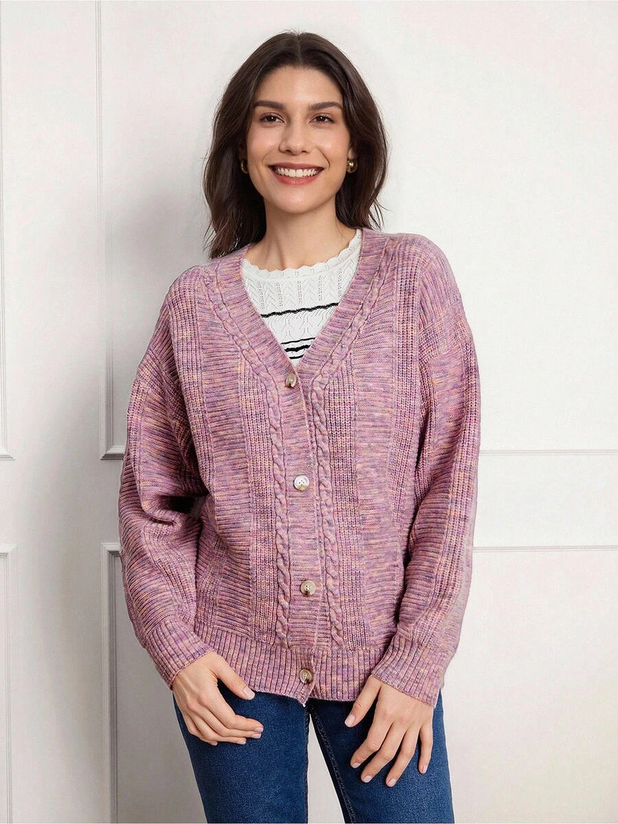 SHEIN LUNE Women Casual Drop Shoulder Loose Cardigan, Valentine's Day Pink Sweater Spring Clothes