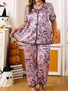 Chillnights Plus Size Halloween Element Printed Mock Neck Loungewear Pajama Set - Pink - View 3