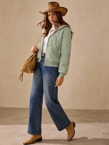 Wildy 秋装 冬装 大衣 鼠尾草绿色棉质羊毛夹克 女士休闲保暖连帽夹克，秋冬女士夹克 短款夹克 外套 女士绗缝夹克 女士冬装 女士秋装 女士轻便夹克 女士西部服饰 女士绗缝夹克