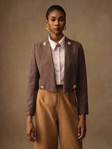 Vesra 纽扣装饰毛绒纹理面料不对称翻领长袖现代女式夹克 - 棕色 - 查看 3